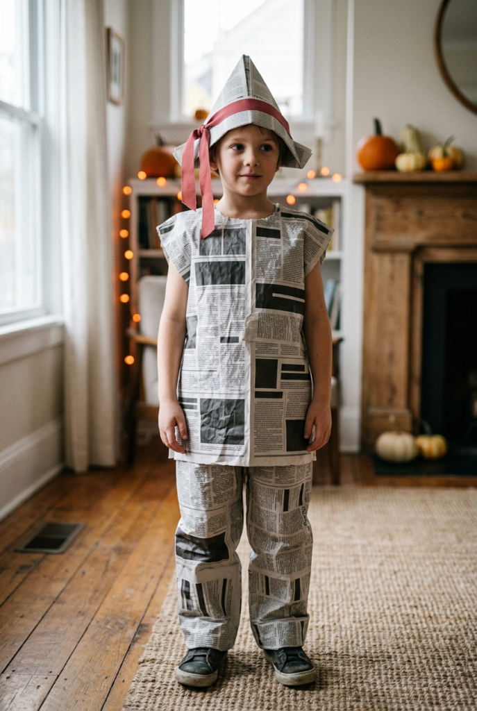 A young child wearing a full-body costume made of newspaper pages and a matching hat, standing in a living room with pumpkins on the mantel.