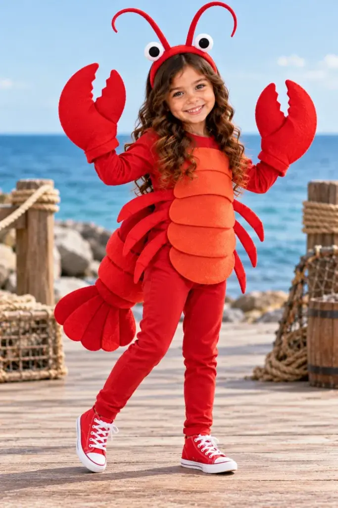 A young girl wearing a red lobster costume with felt claws and antennae, standing on a wooden pier near the ocean.