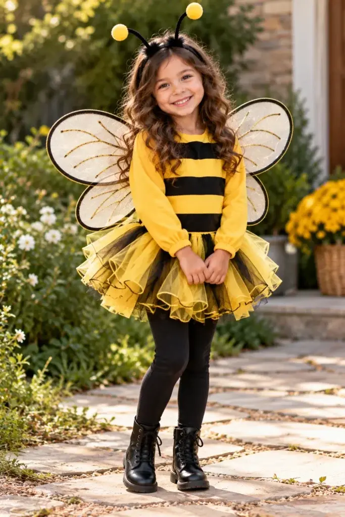 A young girl wearing a homemade bee costume with a yellow and black striped top, tulle skirt, and mesh wings, standing on a stone path outdoors.