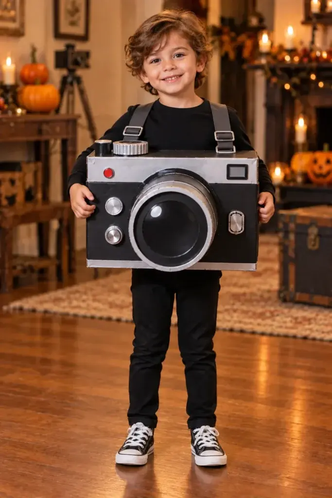A young boy wearing a homemade cardboard camera costume with silver details and a black strap, standing on a wooden floor with pumpkins in the background.
