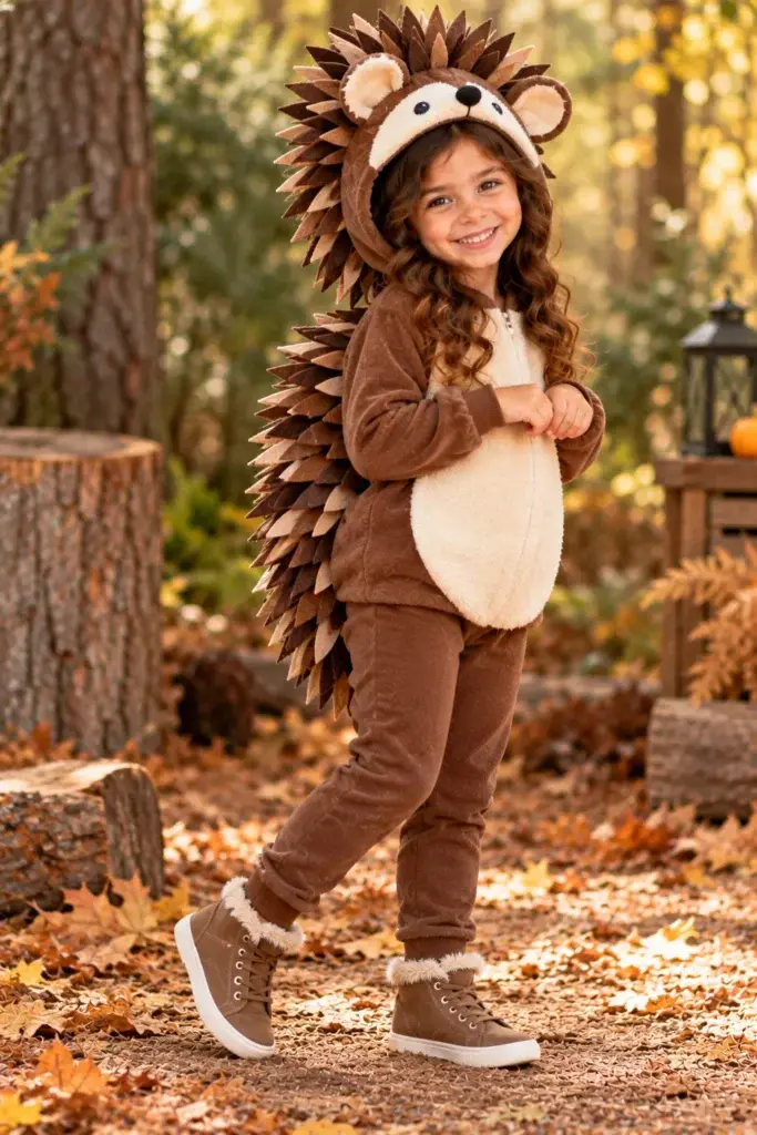 A young girl wearing a brown hedgehog costume with a spiky hood and matching pants, standing on a path covered in fallen autumn leaves.