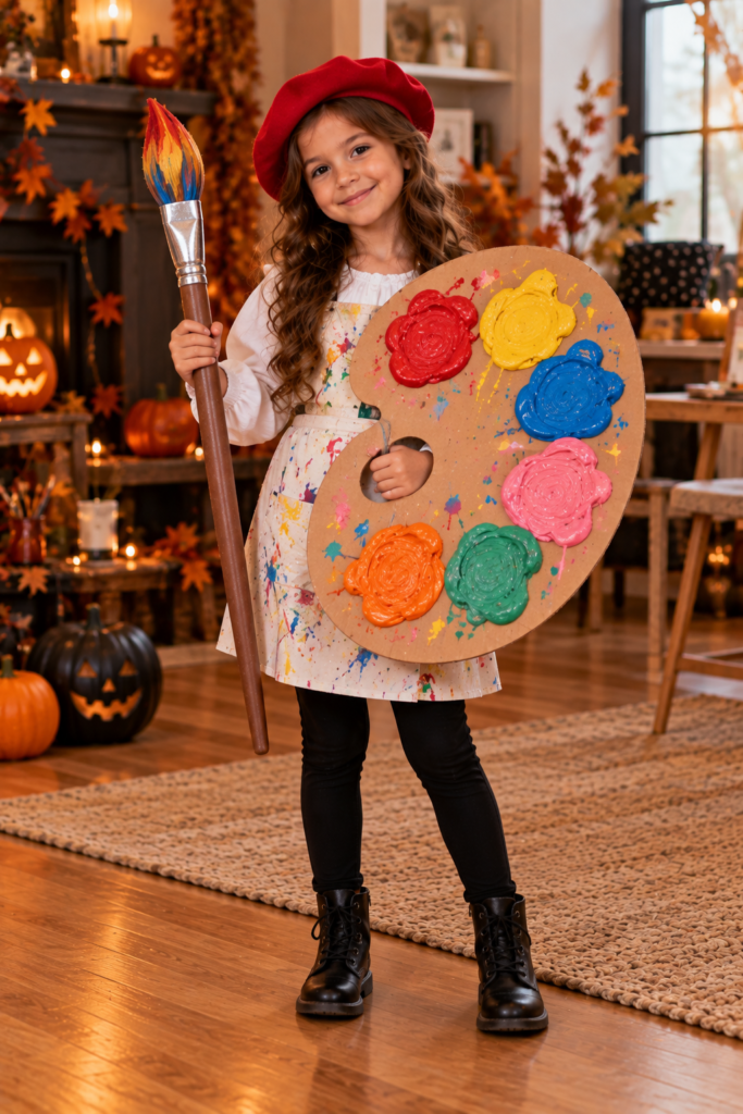 A young girl wearing a red beret and a paint-splattered apron holds a large prop paintbrush and a cardboard palette with colorful paint blobs, standing in a room decorated with pumpkins and autumn leaves.