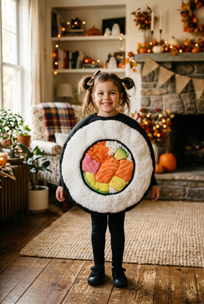 A young girl wearing a handmade sushi costume with felt fish and vegetable details, standing in a living room decorated with Halloween pumpkins and string lights.