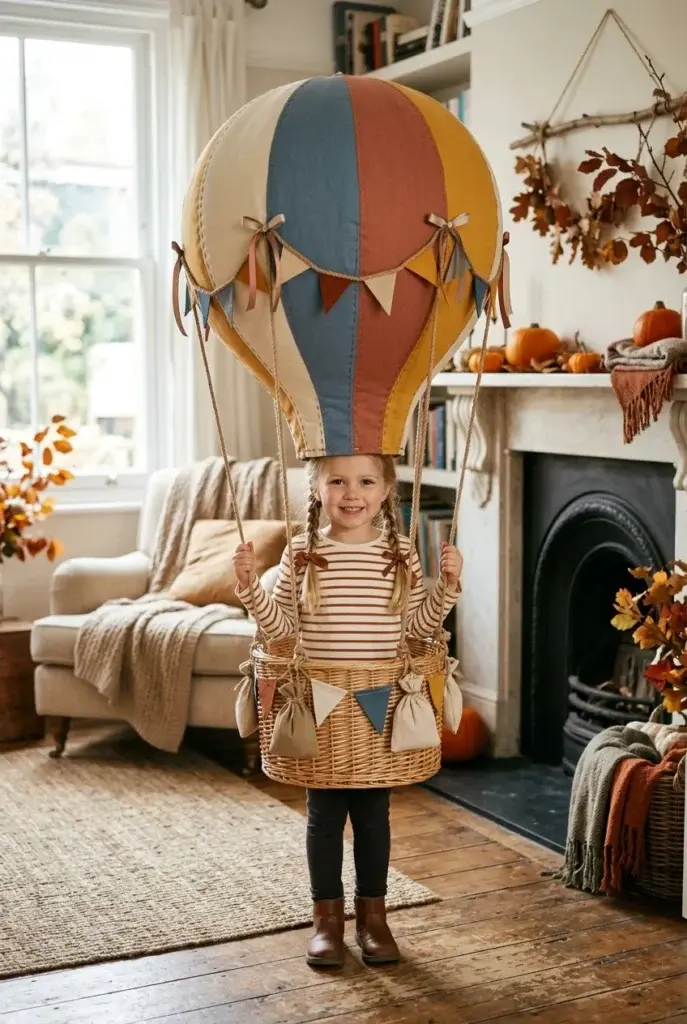 A young girl wearing a homemade hot air balloon costume with a striped fabric balloon and a wicker basket in a cozy living room.