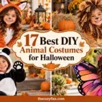 A collage of four young children wearing homemade animal costumes: a fox with a fluffy tail, a lion with a mane, a panda with paw mittens, and a butterfly with large wings.