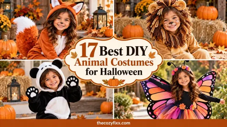 A collage of four young children wearing homemade animal costumes: a fox with a fluffy tail, a lion with a mane, a panda with paw mittens, and a butterfly with large wings.