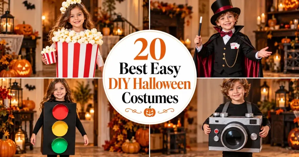 A collage showing four children in homemade Halloween costumes: a girl in a popcorn box, a boy as a magician, a girl as a traffic light, and a boy in a camera costume.