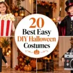 A collage showing four children in homemade Halloween costumes: a girl in a popcorn box, a boy as a magician, a girl as a traffic light, and a boy in a camera costume.