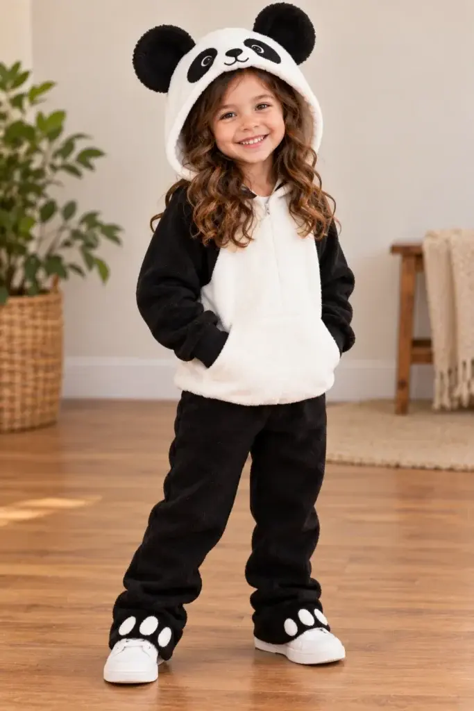 A child wearing a black and white panda-themed hooded sweatshirt with matching pants and paw print details on the cuffs.