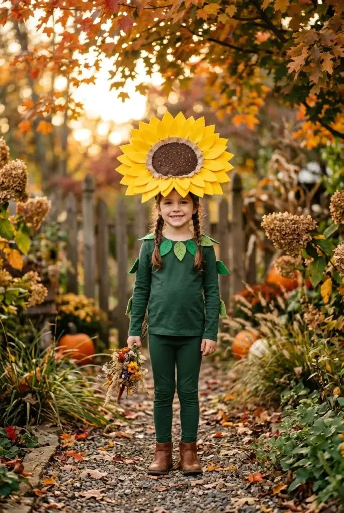 A young girl wearing a green outfit and a large yellow sunflower headpiece stands on a gravel path in a garden with autumn leaves and pumpkins.