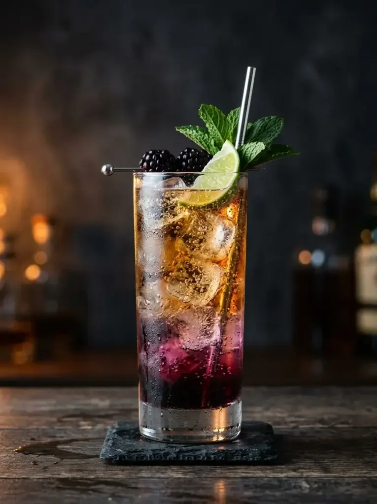 A tall glass of layered cocktail with blackberries, mint, and lime on a slate coaster.
