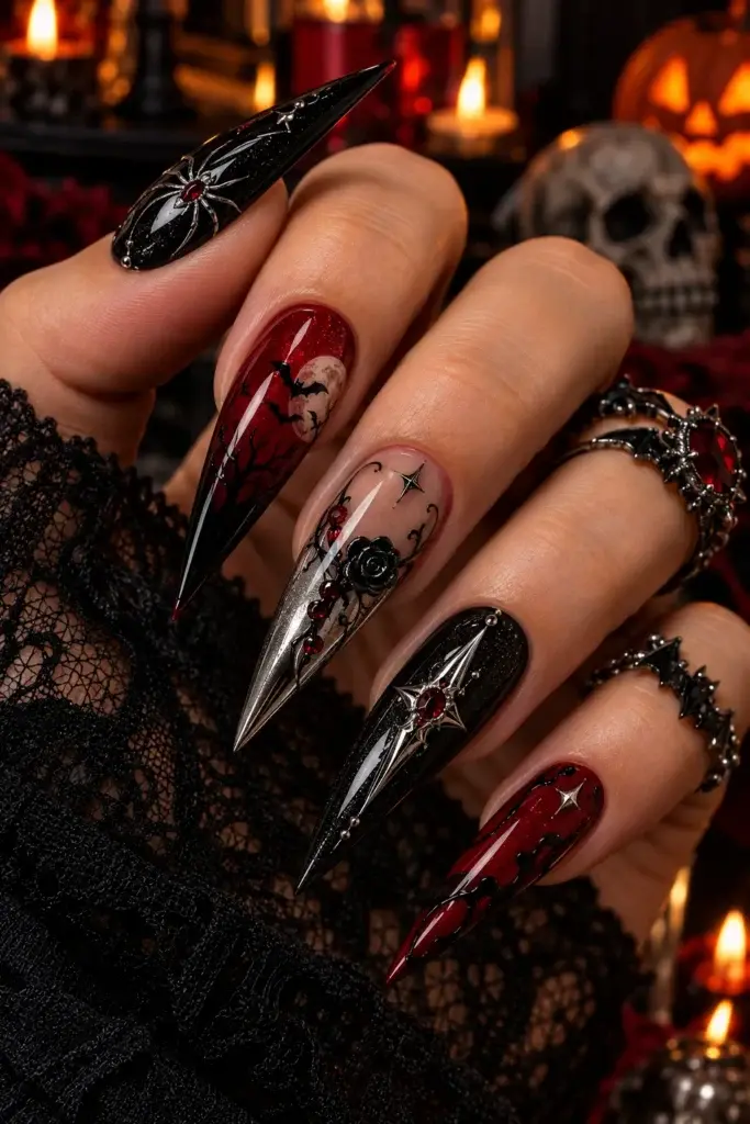 A hand with long, pointed stiletto nails featuring black and red designs with spiders, bats, and stars, set against a background of candles and a skull.