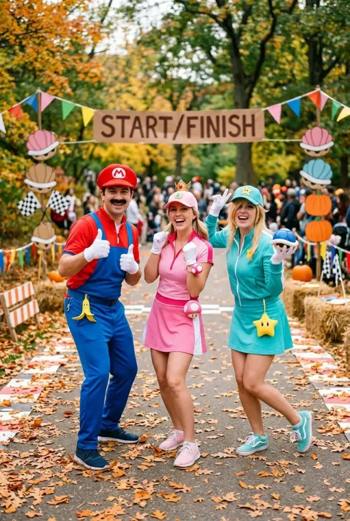 Three people dressed as Mario, Peach, and Rosalina from Mario Kart standing on a leaf-covered path near a start/finish line.