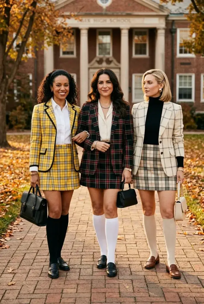 Three women walking on a brick path wearing matching plaid blazers and skirts in yellow, dark green, and cream, paired with knee-high socks and loafers.