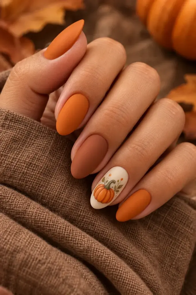Matte pumpkin-orange nails with a cream accent and small pumpkin illustration.