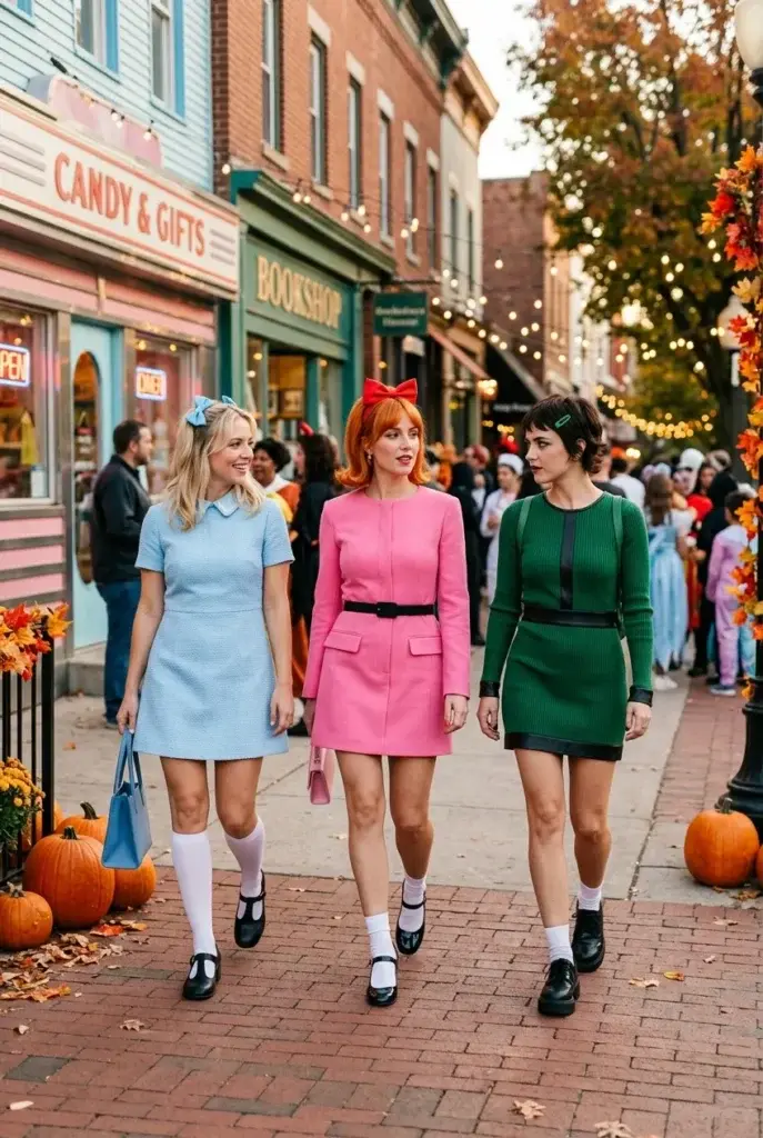 Three women walking down a brick street in blue, pink, and green dresses with matching bows and white socks, recreating the Mean Girls look.