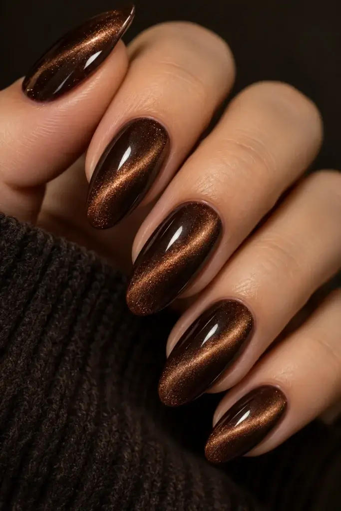 Close-up of long, stiletto-shaped nails painted with a shimmering metallic bronze polish, set against a dark brown knit sweater.