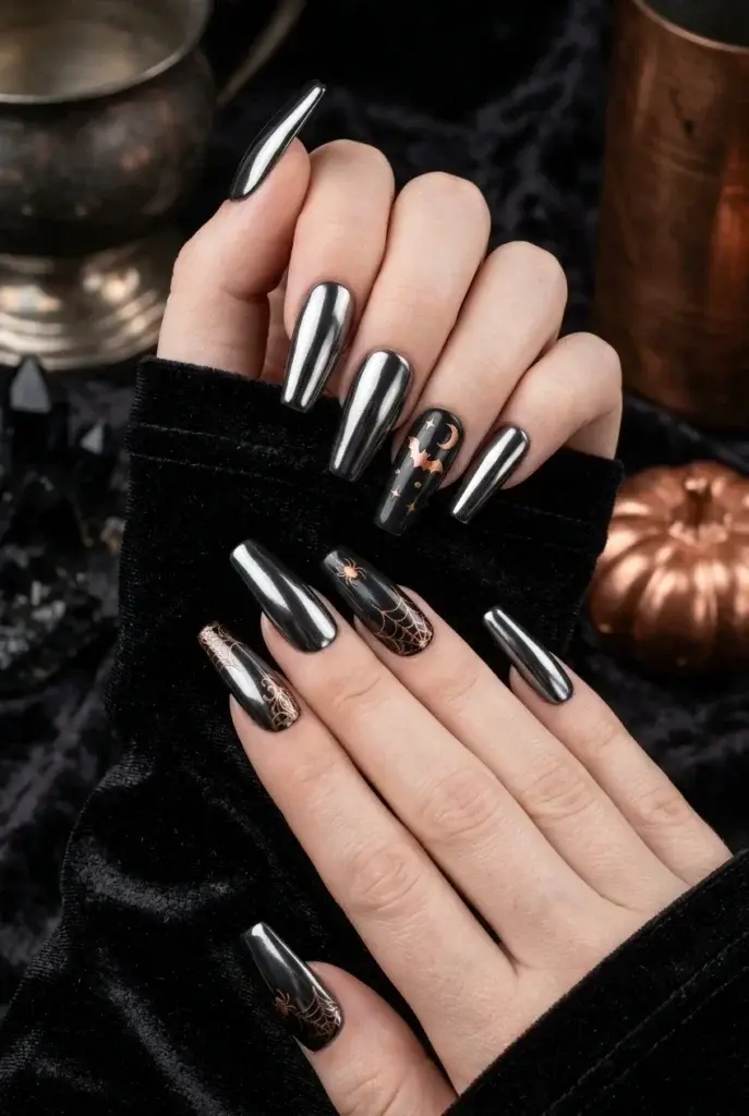 A hand with long, pointed nails featuring a metallic silver finish and black accents with gold spider and bat designs, set against a dark background with a copper pumpkin.