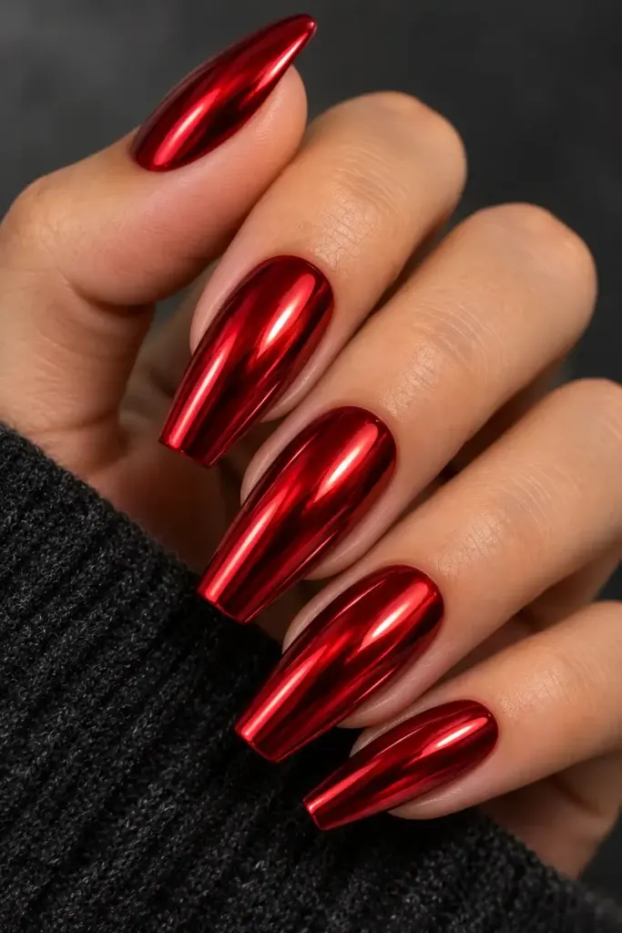 A close-up of long, almond-shaped nails painted with a glossy, metallic red polish, held against a dark, textured background.