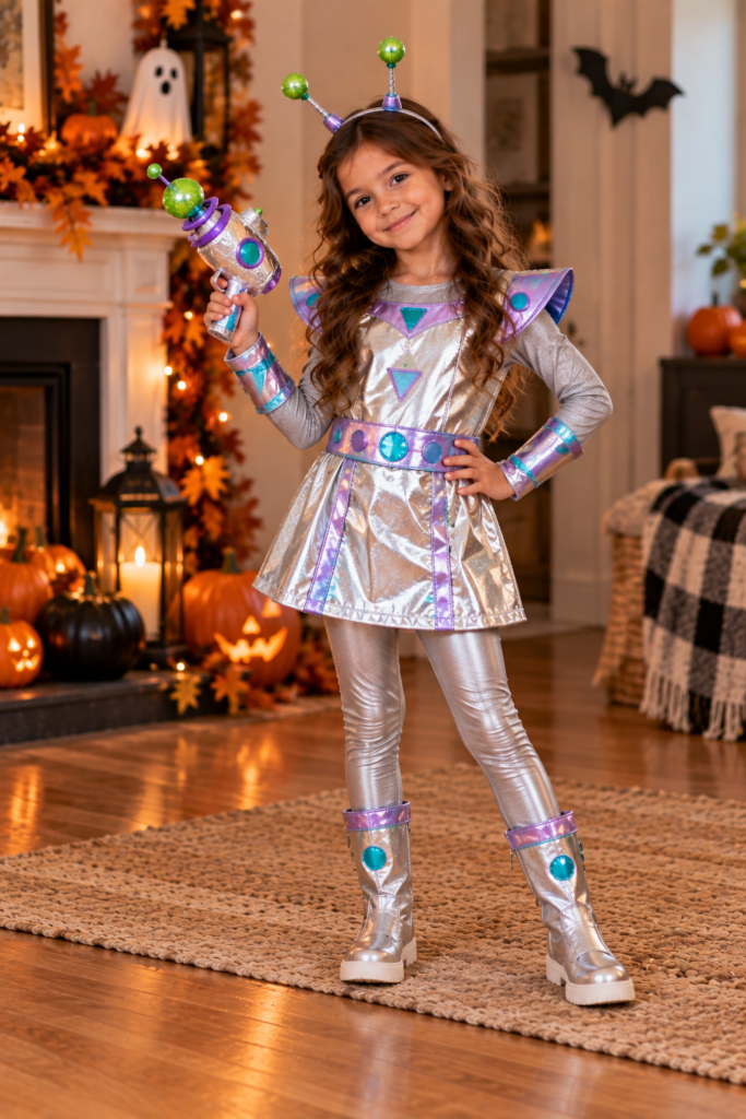 A young girl dressed in a shiny silver alien costume with an antenna headband and toy ray gun stands in front of a Halloween-decorated fireplace.