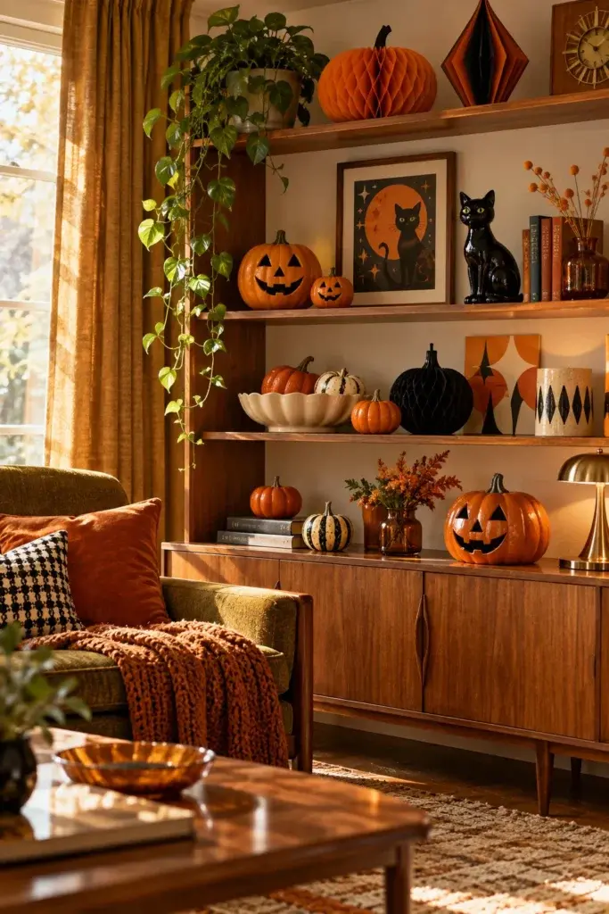 A vintage-style living room with wooden shelves displaying orange honeycomb pumpkins, a black cat figurine, and a framed black cat print next to a green armchair.