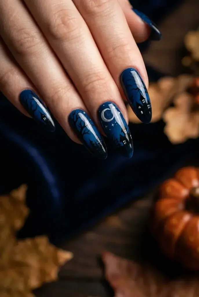 A close-up of long, almond-shaped nails painted in dark blue with black tree silhouettes, a white moon, and stars, set against a background of dried leaves and a small pumpkin.