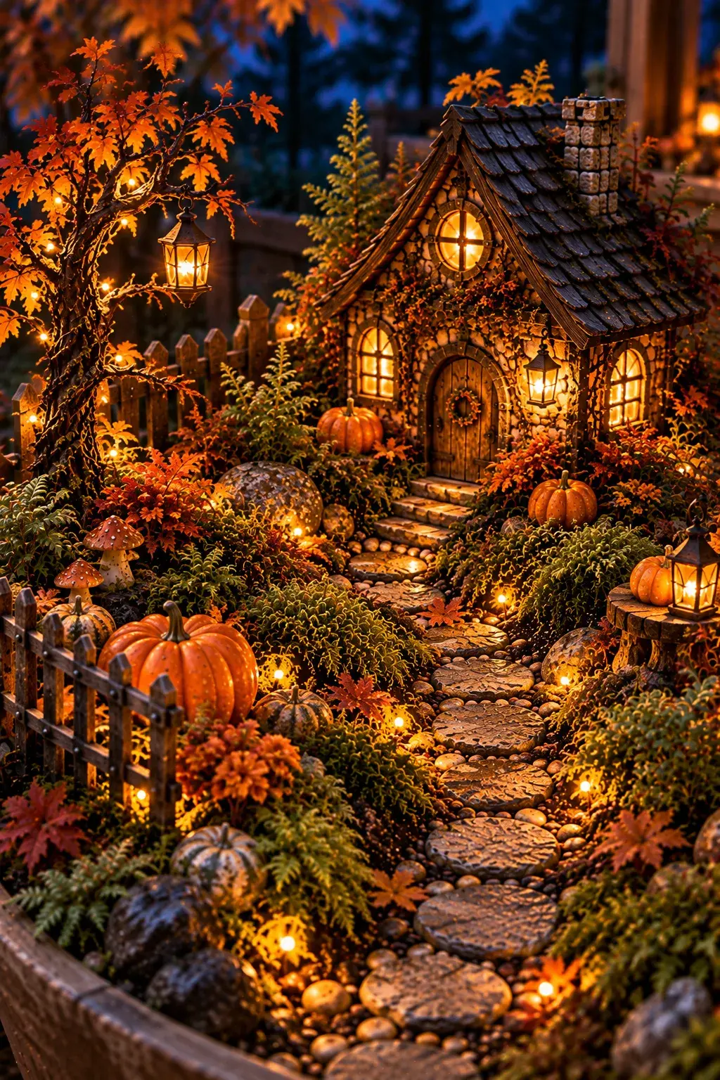 A cozy miniature garden featuring a stone cottage, pumpkin decorations, lanterns, and a winding stone path surrounded by autumn foliage.