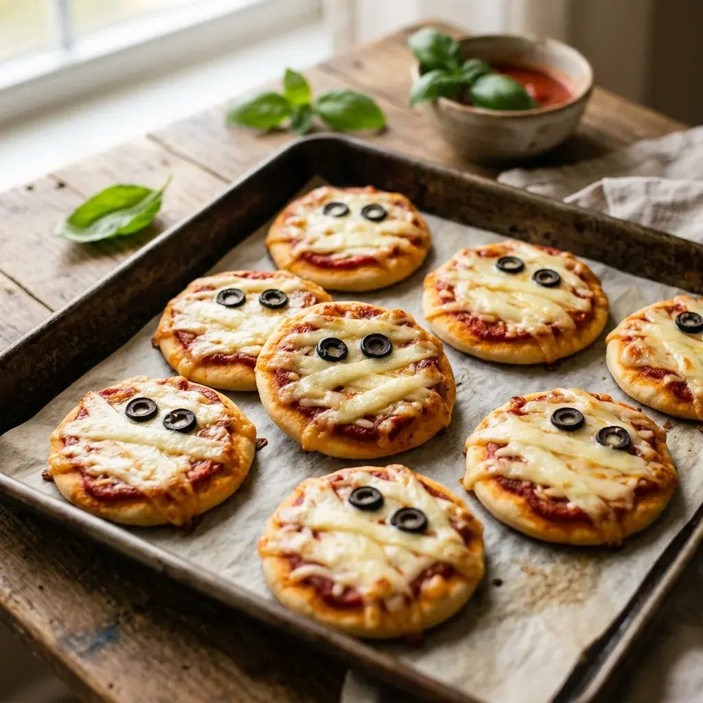A metal baking sheet lined with parchment paper holds several small, round pizzas topped with tomato sauce, melted cheese, and black olive slices arranged to look like ghost faces. A small bowl of red sauce and fresh basil leaves sit on the wooden table nearby.