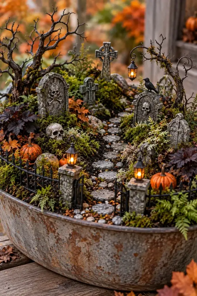 A small Halloween-themed garden in a rustic metal bowl featuring miniature tombstones, skulls, pumpkins, and glowing lanterns.