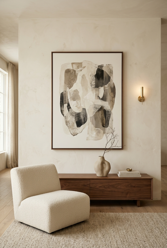 A minimalist living room corner featuring a textured cream armchair, a dark wood sideboard, and a large abstract painting on a plaster wall.