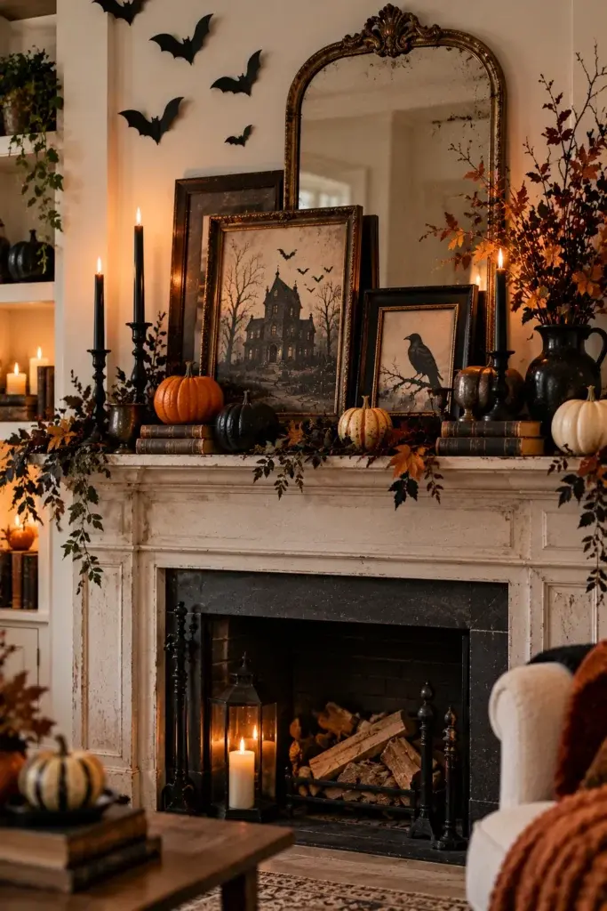 A white fireplace mantel decorated with black candles, vintage books, small pumpkins, and framed art, with bats on the wall above.