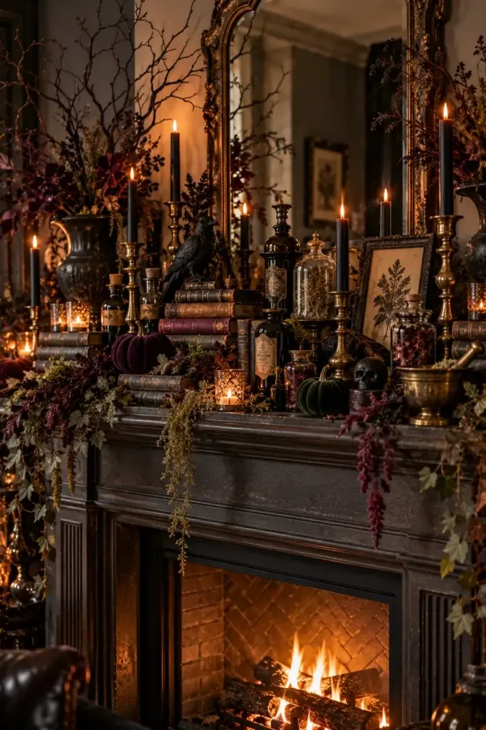 A dark fireplace mantel decorated with black candles, velvet pumpkins, a skull, stacked books, and dried botanicals.