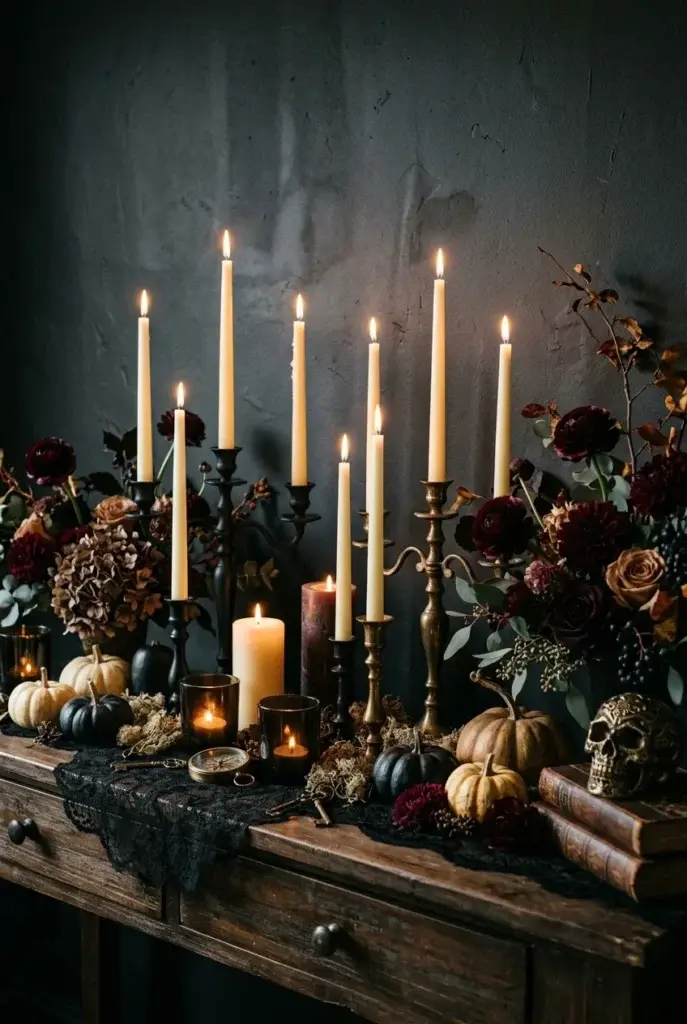 A dark wooden console table decorated with tall taper candles, small pumpkins, a brass skull, and dried flowers against a textured gray wall.