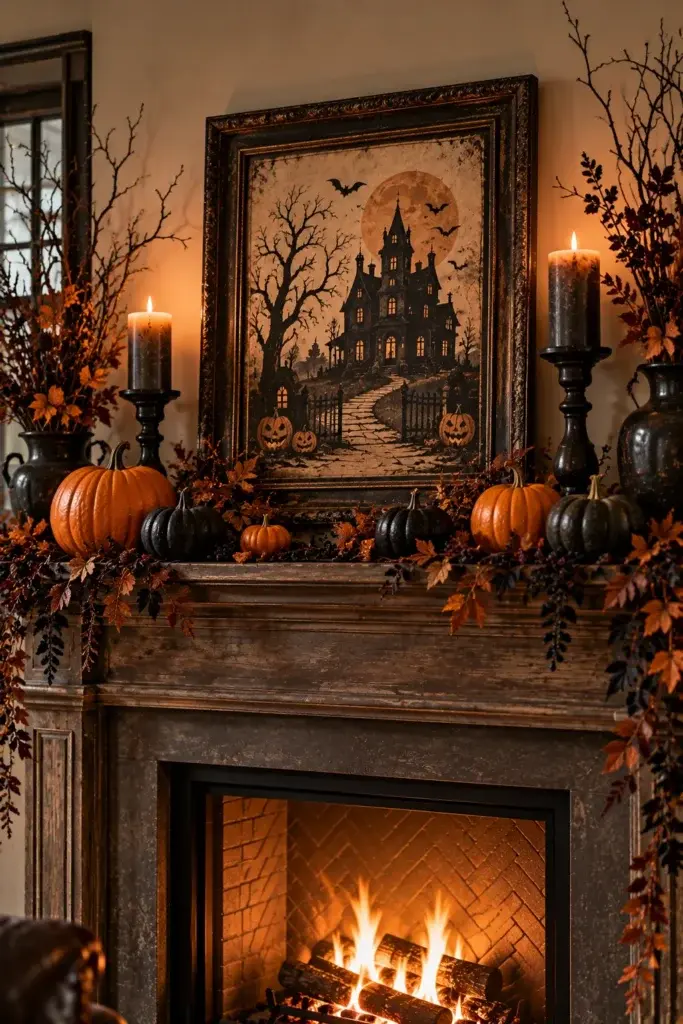 A rustic wooden fireplace mantel decorated with orange and black pumpkins, dark candles, and a framed spooky house print above a lit fire.