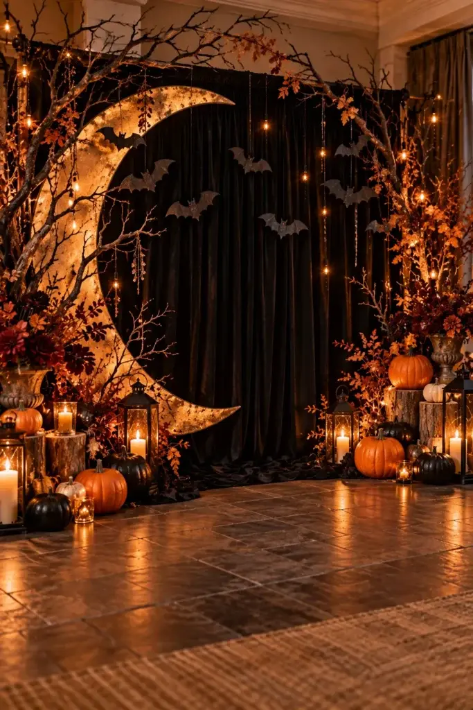 A Halloween party setup featuring a large gold crescent moon backdrop, hanging bat cutouts, and bare branches with string lights. The floor is decorated with orange and black pumpkins, lit candles in glass lanterns, and autumn foliage.