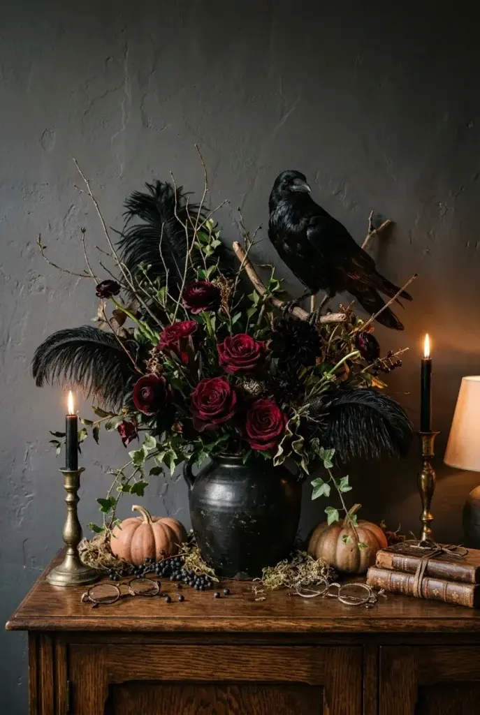 A dark wooden table set with a black vase holding red roses and black feathers, a taxidermy crow, small pumpkins, and lit black candles.