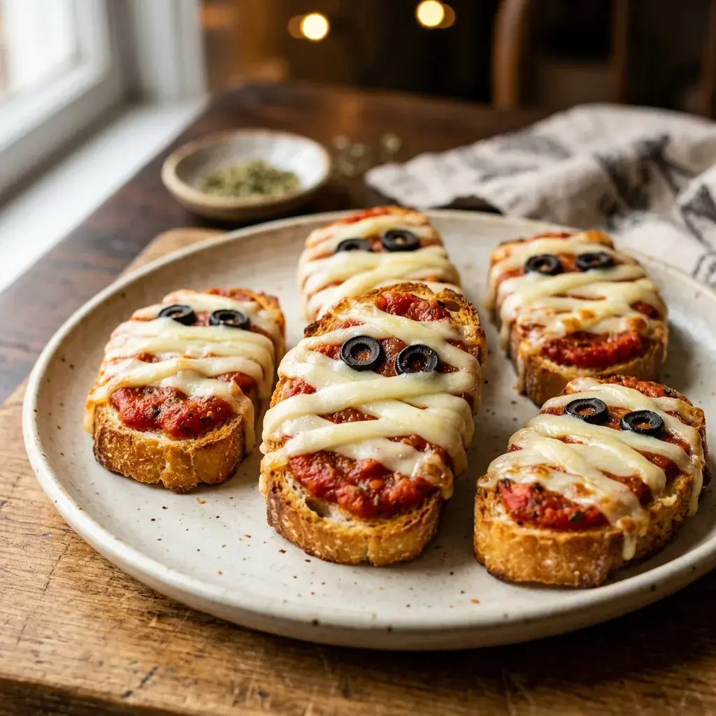A plate of bruschetta slices topped with tomato sauce, melted cheese strips, and black olive eyes to resemble mummies.
