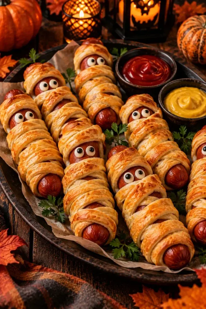 A platter of hot dogs wrapped in pastry strips to look like mummies, complete with candy eyes, served with small bowls of ketchup and mustard.