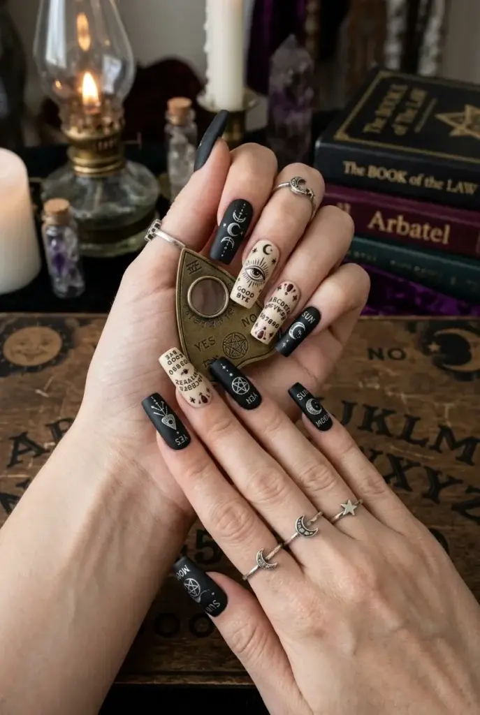 A hand with long black and cream nails featuring moon phases, celestial symbols, and tarot card details, holding a brass pendulum over a stack of occult books.