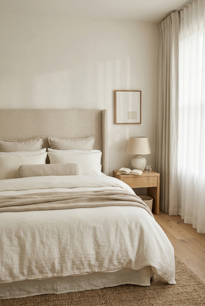 A minimalist bedroom featuring a bed with white and beige linen bedding, a wooden nightstand with a lamp, and sheer curtains.