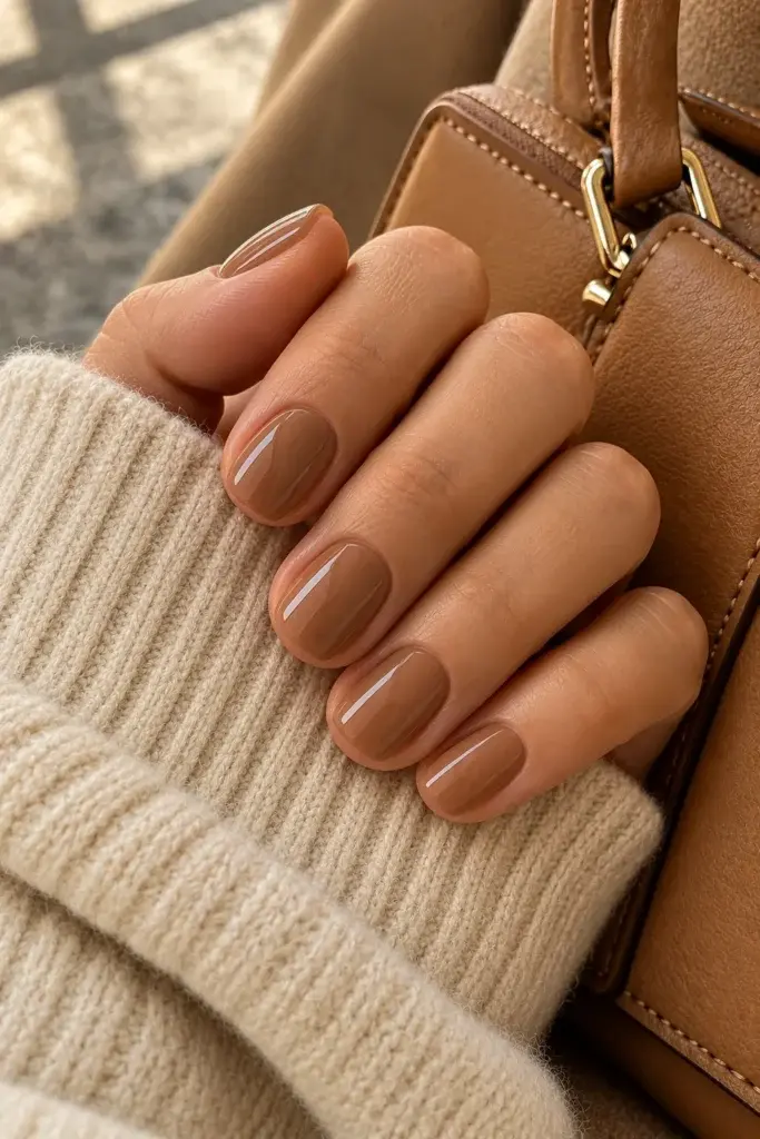 A close-up of a hand with glossy, neutral brown nail polish resting on a cream-colored knit sweater and a tan leather handbag.