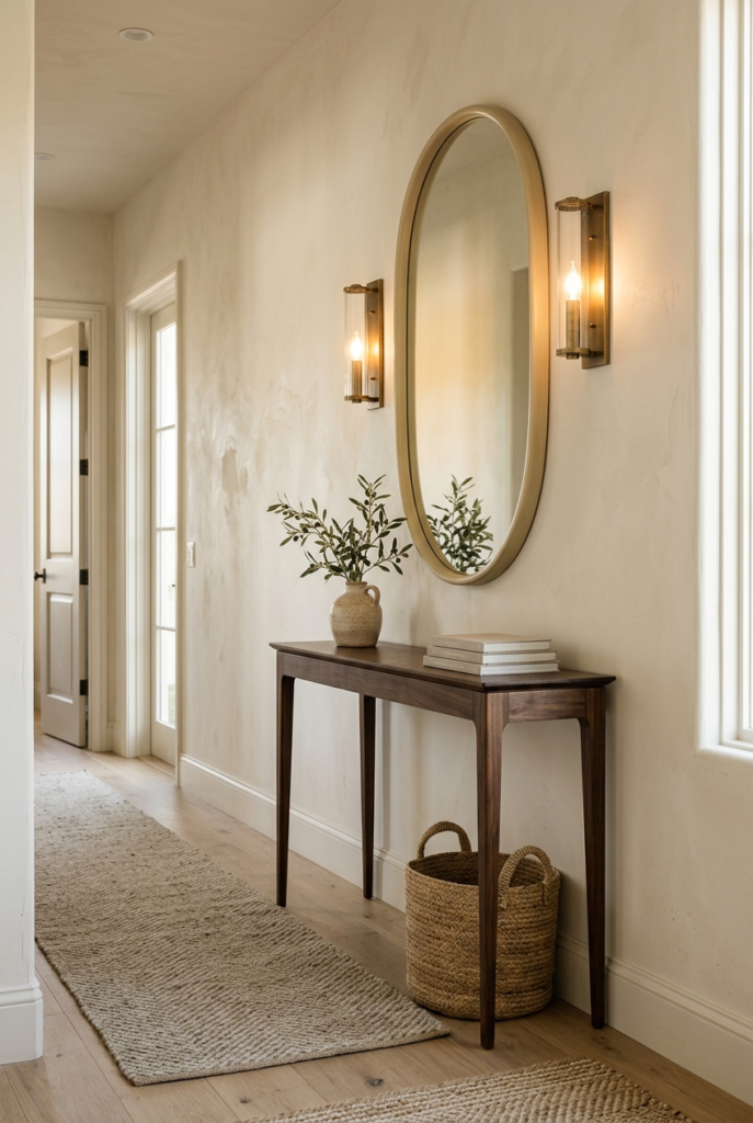 A hallway entryway featuring a dark wood console table, an oval gold-framed mirror, and two wall sconces against a textured beige wall.