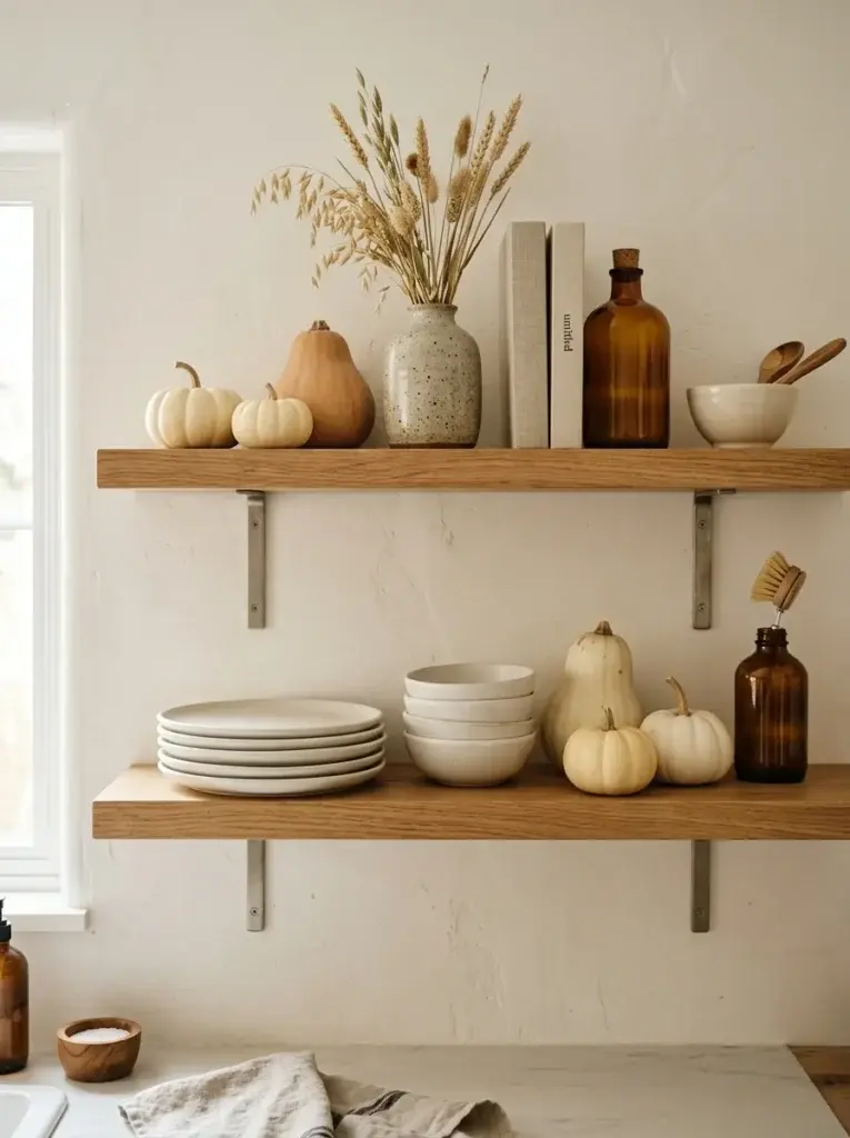 Two wooden shelves holding white pumpkins, a tan gourd, dried wheat, amber bottles, and stacked ceramic dishes against a white wall.