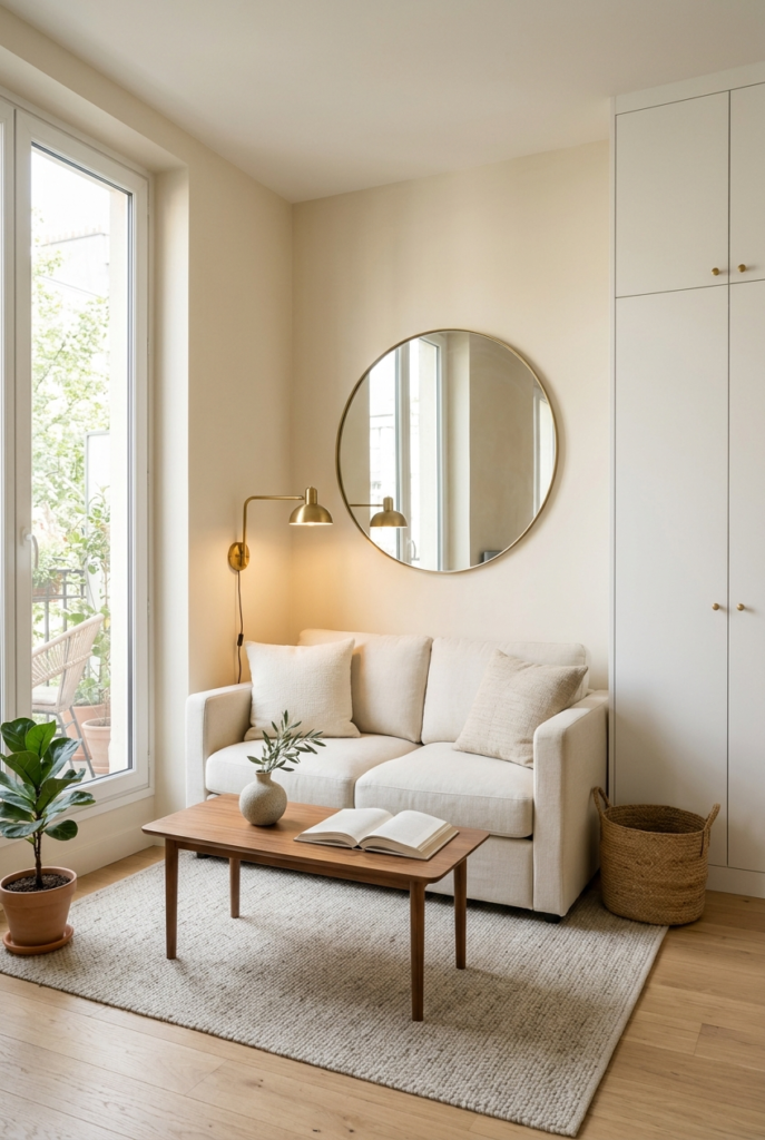 A minimalist living room featuring a cream sofa, wooden coffee table, round mirror, and brass wall lamp against beige walls.