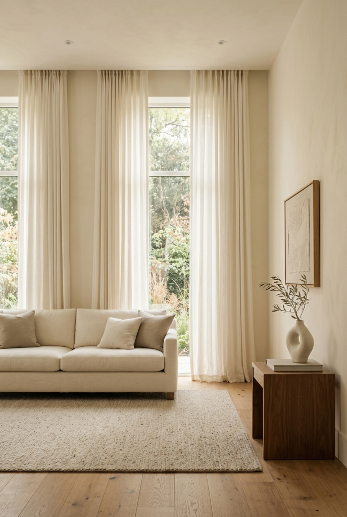 A minimalist living room featuring a cream sofa, floor-to-ceiling curtains, and a wooden side table with a vase and framed art.