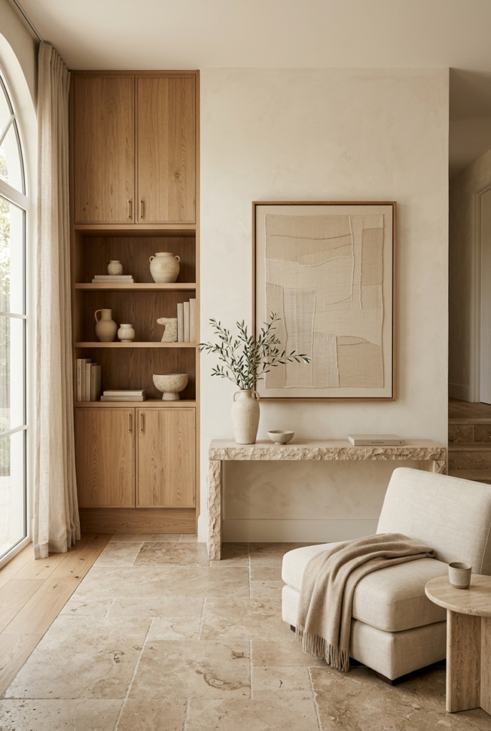 A minimalist interior featuring a built-in oak bookcase, a textured stone console table, and a cream armchair with a fringed throw on a large tile floor.