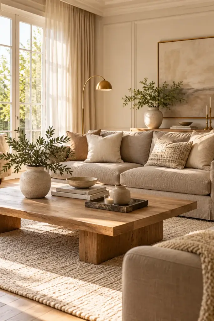 A sunlit living room featuring a beige linen sofa, a low wooden coffee table, and a textured rug, accented with potted greenery and a brass floor lamp.