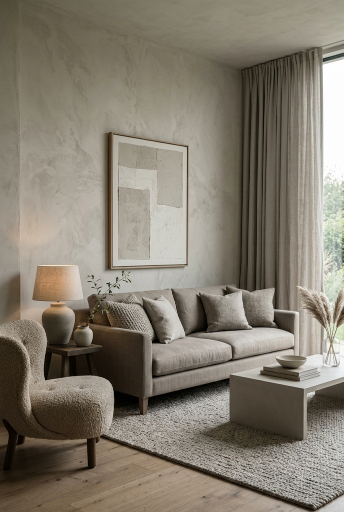 A minimalist living room featuring a beige sofa, textured plaster walls, a concrete coffee table, and a boucle armchair.