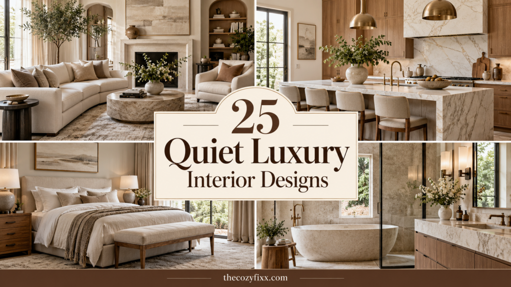 A collage of four interior spaces featuring a living room with a stone fireplace, a bedroom with a beige bed, a kitchen with a marble island, and a bathroom with a freestanding tub.