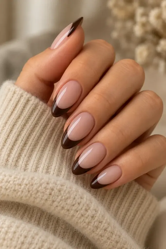 A close-up of almond-shaped nails featuring a nude base with dark brown French tips, resting against a cream-colored knit sweater.